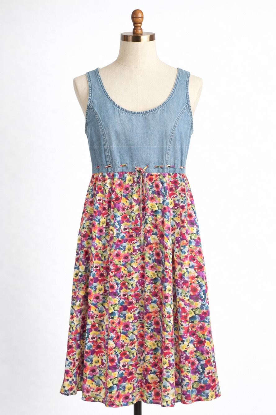 Vintage Floral Flowing and Denim Dress Tie Waist 1990s